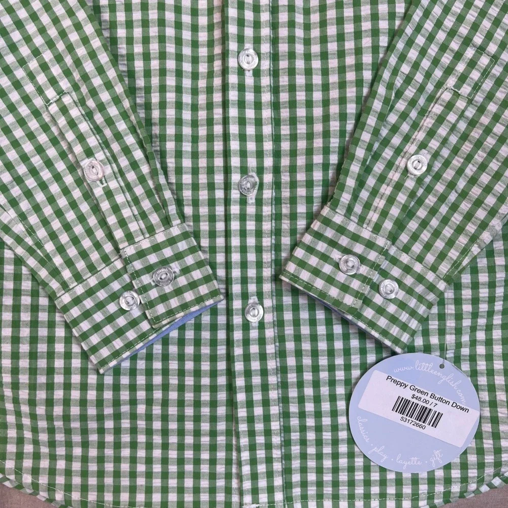 Little English Boys Gingham Button Down Shirt Green White Size 7 100% Cotton - Picture 8 of 14